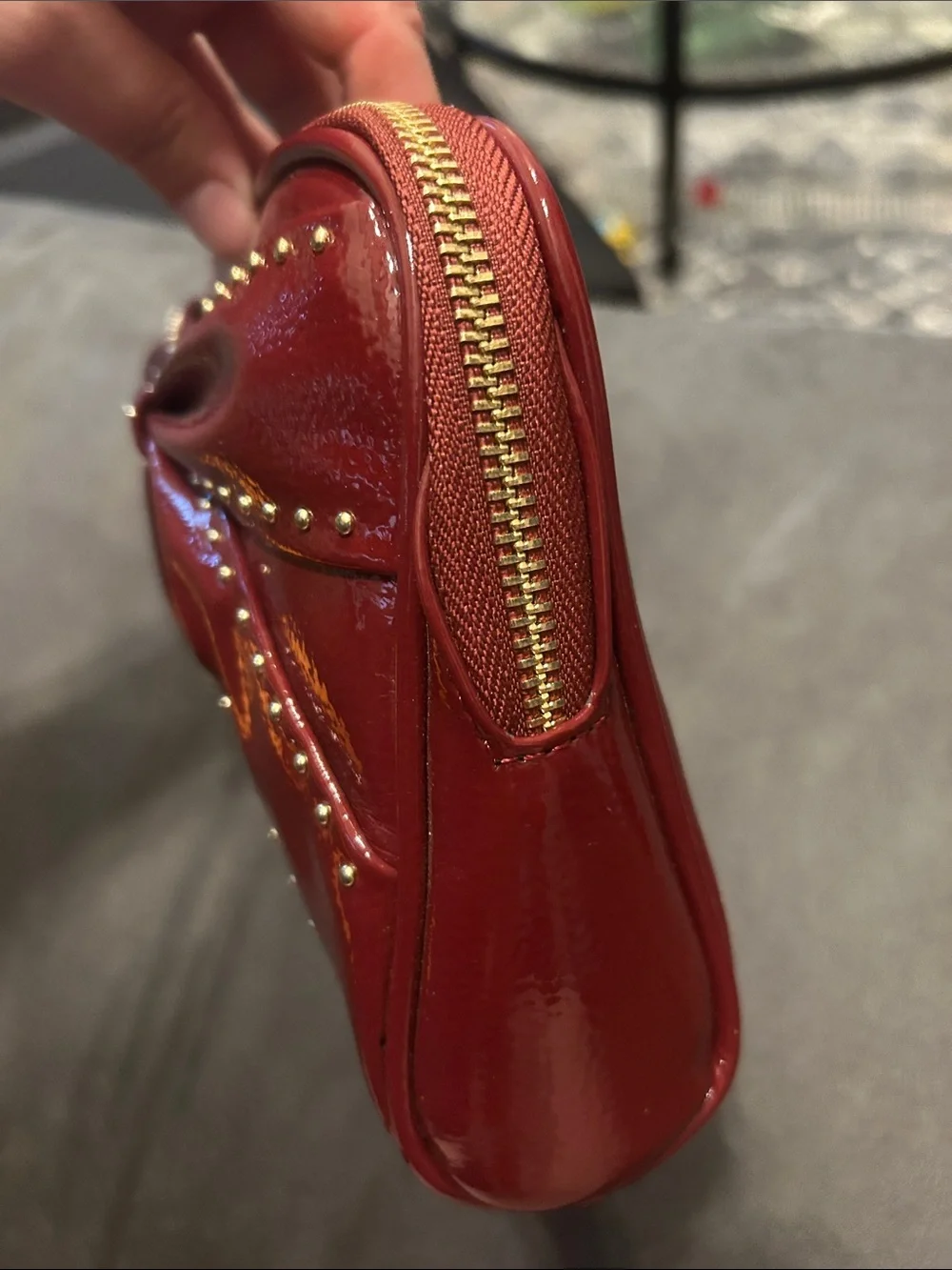 NWOT Vince Camuto Burgundy Red Patent Bow Studded Accent Clutch Cosmetic Bag